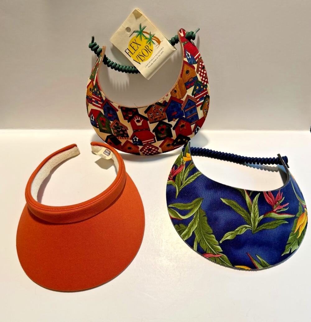 Vintage Sun Visor Lot of 3 Flex Visor Faded Glory Floral Birdhouse Dried Peach